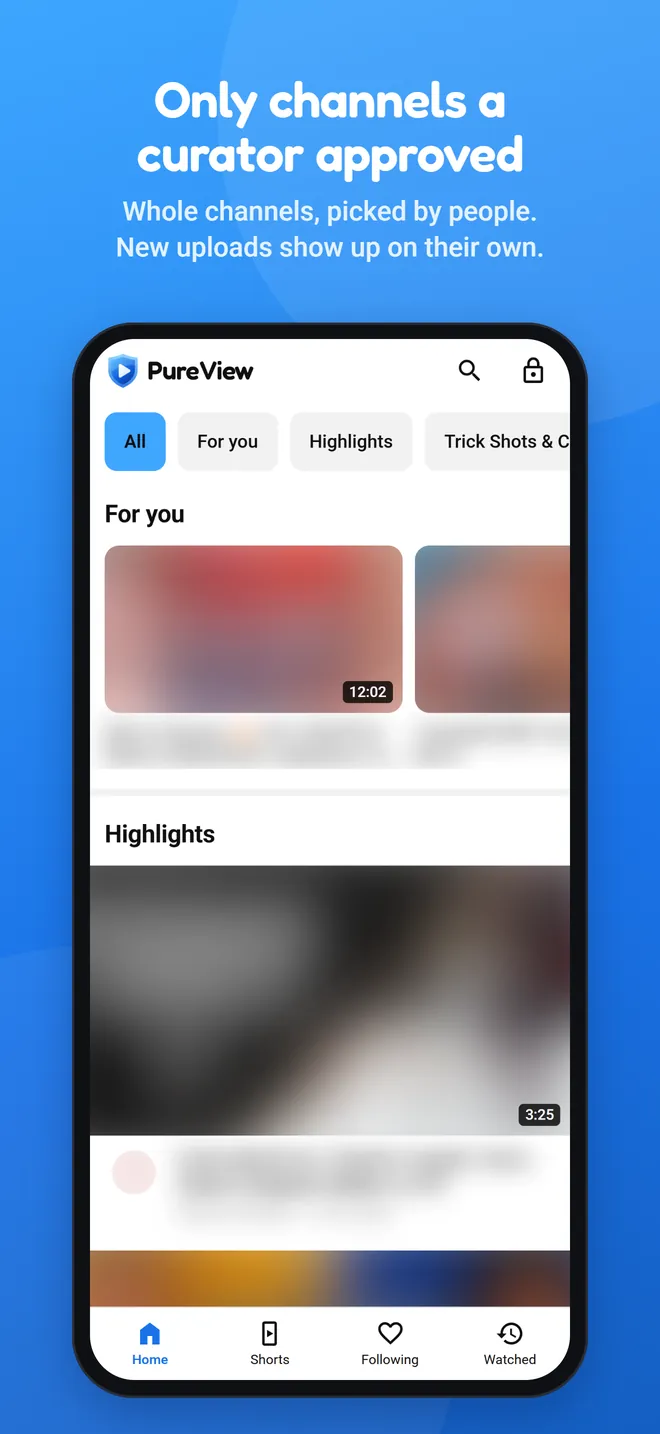 PureView home screen: approved channels in a For you shelf and a Highlights shelf